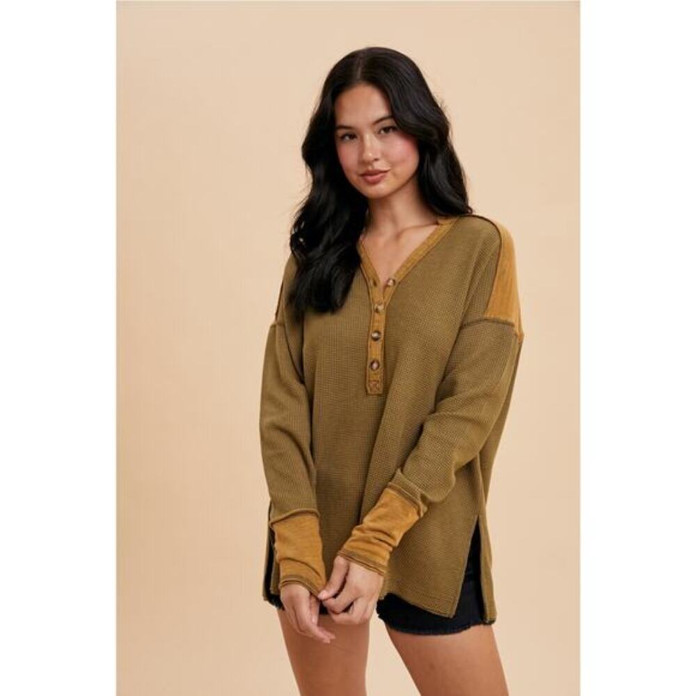 In Loom Olive Size Large Garment Washed Thermal Henley